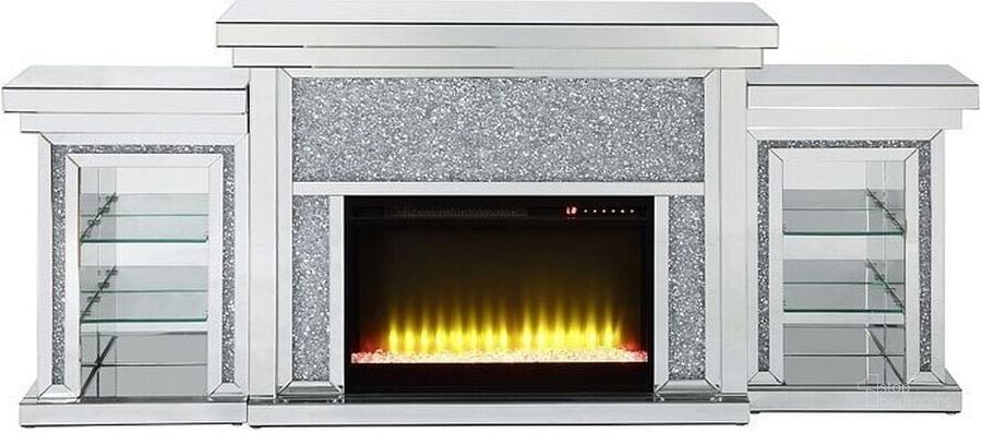 The appearance of Acme Noralie Fireplace With Led In Mirrored And Faux Diamonds AC00524 designed by ACME in the glam interior design. This mirrored piece of furniture  was selected by 1StopBedrooms from Noralie Collection to add a touch of cosiness and style into your home. Sku: AC00524-1;AC00524-2;AC00524-3. Material: Wood. Product Type: Fireplace. Image1