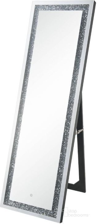 The appearance of Acme Noralie Floor Mirror With Led In Mirrored And Faux Diamonds 97713 designed by ACME in the glam interior design. This mirrored piece of furniture  was selected by 1StopBedrooms from Noralie Collection to add a touch of cosiness and style into your home. Sku: 97713. Material: Wood. Product Type: Mirror. Image1