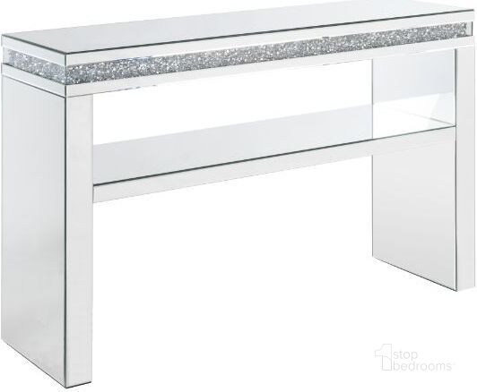 The appearance of Acme Noralie Sofa Table In Mirrored and Faux Diamonds designed by ACME in the modern / contemporary interior design. This mirrored piece of furniture  was selected by 1StopBedrooms from Noralie Collection to add a touch of cosiness and style into your home. Sku: 90675. Product Type: Sofa Table. Material: MDF. Image1