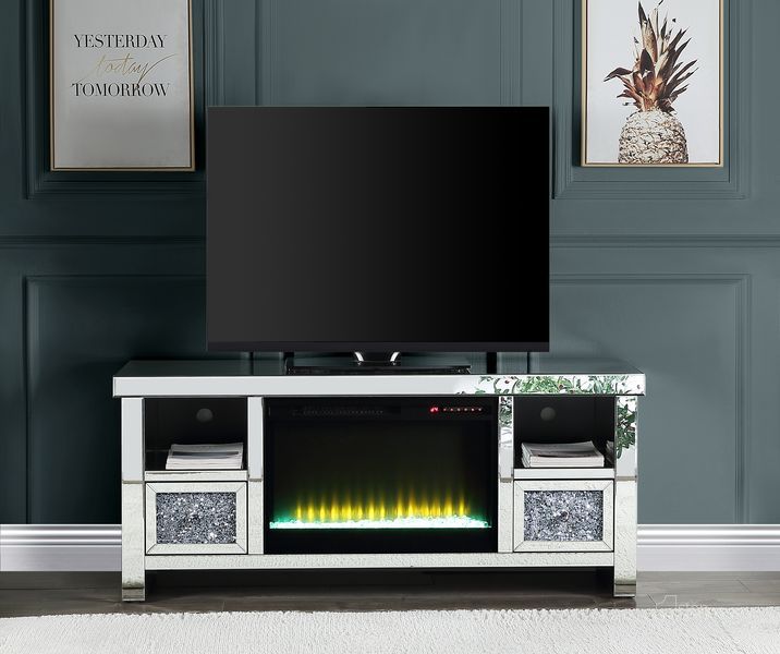 The appearance of Acme Noralie TV Stand With Fireplace In Mirrored And Faux Diamonds LV00313 designed by ACME in the glam interior design. This mirrored piece of furniture  was selected by 1StopBedrooms from Noralie Collection to add a touch of cosiness and style into your home. Sku: LV00313. Material: Wood. Product Type: TV Stand.