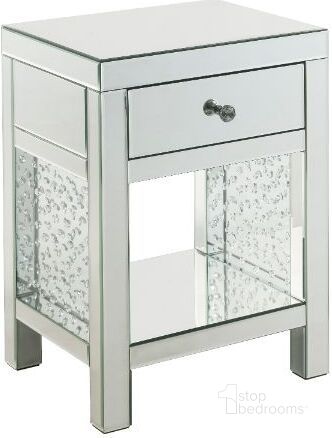 The appearance of Acme Nysa Accent Table In Mirrored And Faux Crystals Inlay designed by ACME in the glam interior design. This mirrored piece of furniture  was selected by 1StopBedrooms from Nysa Collection to add a touch of cosiness and style into your home. Sku: 97959. Product Type: Accent Table. Material: MDF. Image1