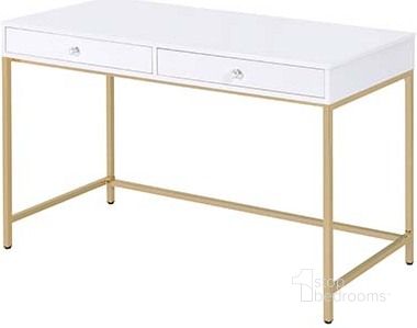 The appearance of Acme Ottey Vanity Desk In White High Gloss And Gold Finish designed by ACME in the modern / contemporary interior design. This white high gloss piece of furniture  was selected by 1StopBedrooms from Ottey Collection to add a touch of cosiness and style into your home. Sku: AC00899. Material: Wood. Product Type: Vanity Desk. Image1