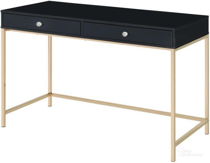 The appearance of Acme Ottey Writing Desk In Black High Gloss And Gold Finish designed by ACME in the modern / contemporary interior design. This black high gloss piece of furniture  was selected by 1StopBedrooms from Ottey Collection to add a touch of cosiness and style into your home. Sku: 93540. Material: Wood. Product Type: Writing Desk. Image1