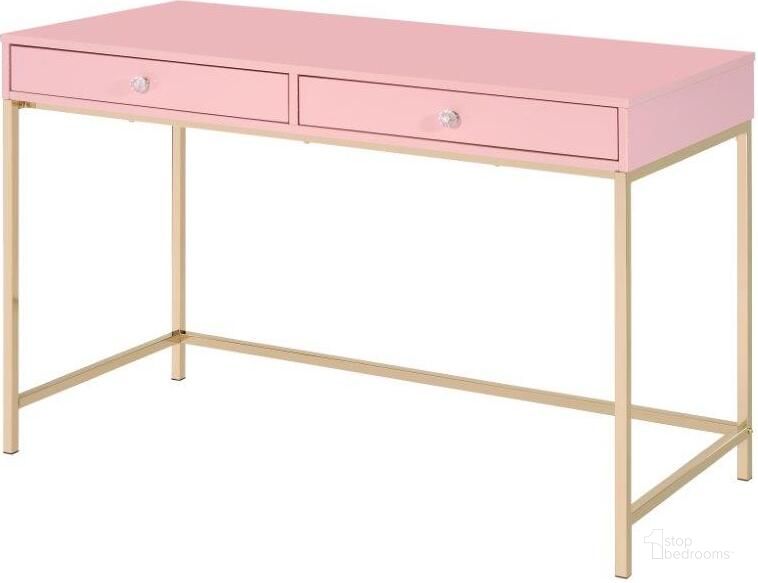 The appearance of Acme Ottey Writing Desk In Pink High Gloss And Gold Finish designed by ACME in the modern / contemporary interior design. This gold piece of furniture  was selected by 1StopBedrooms from Ottey Collection to add a touch of cosiness and style into your home. Sku: 93545. Material: Wood. Product Type: Writing Desk. Image1
