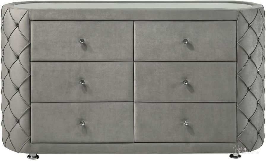 The appearance of Acme Perine Dresser In Gray Velvet designed by ACME in the modern / contemporary interior design. This gray velvet piece of furniture  was selected by 1StopBedrooms from Perine Collection to add a touch of cosiness and style into your home. Sku: BD01065. Material: Wood. Product Type: Dresser. Image1