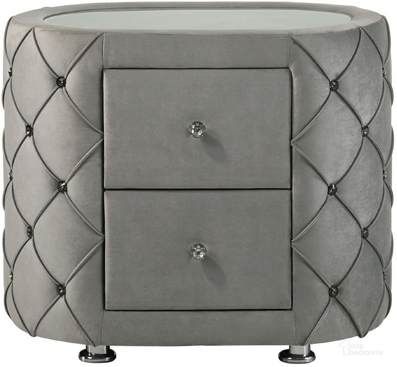 The appearance of Acme Perine Nightstand In Gray Velvet designed by ACME in the modern / contemporary interior design. This gray velvet piece of furniture  was selected by 1StopBedrooms from Perine Collection to add a touch of cosiness and style into your home. Sku: BD01063. Material: Wood. Product Type: Nightstand. Image1