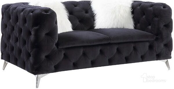 The appearance of Acme Phifina Loveseat With 2 Pillows designed by ACME in the modern / contemporary interior design. This black velvet piece of furniture  was selected by 1StopBedrooms from Phifina Collection to add a touch of cosiness and style into your home. Sku: 55921. Material: Wood. Product Type: Loveseat. Image1