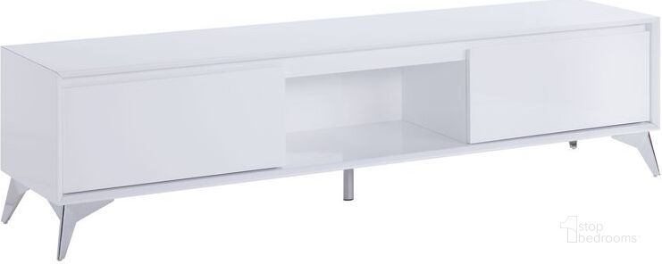 The appearance of Acme Raceloma TV Stand In White And Chrome Finish designed by ACME in the modern / contemporary interior design. This white and chrome piece of furniture  was selected by 1StopBedrooms from Raceloma Collection to add a touch of cosiness and style into your home. Sku: 91995. Material: Wood. Product Type: TV Stand. Image1