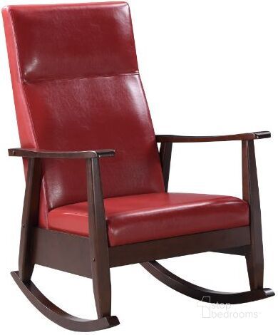 The appearance of Acme Raina Rocking Chair In Red Pu And Espresso Finish designed by ACME in the transitional interior design. This red piece of furniture  was selected by 1StopBedrooms from Raina Collection to add a touch of cosiness and style into your home. Sku: 59931. Material: Wood. Product Type: Chair. Image1