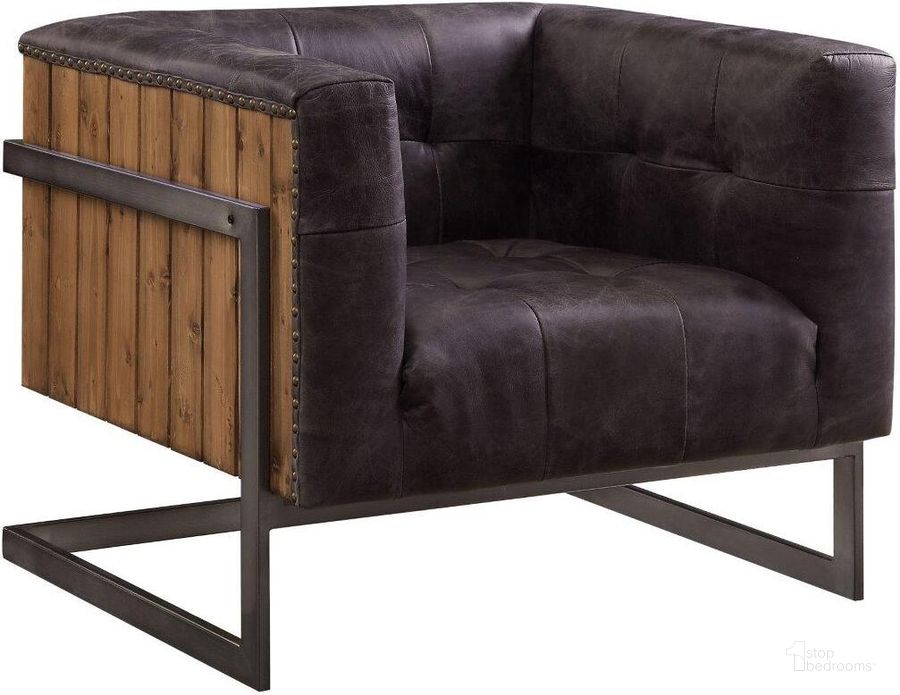 The appearance of Acme Sagat Accent Chair In Antique Ebony Top Grain Leather and Rustic Oak designed by ACME in the industrial interior design. This rustic oak piece of furniture  was selected by 1StopBedrooms from Sagat Collection to add a touch of cosiness and style into your home. Sku: 59667. Material: Metal. Product Type: Accent Chair. Image1