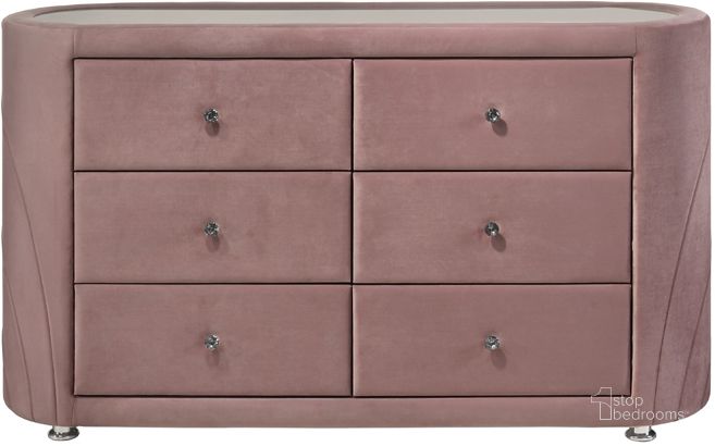 The appearance of Acme Salonia Dresser In Pink Velvet designed by ACME in the modern / contemporary interior design. This pink velvet piece of furniture  was selected by 1StopBedrooms from Salonia Collection to add a touch of cosiness and style into your home. Sku: BD01186. Material: Wood. Product Type: Dresser. Image1