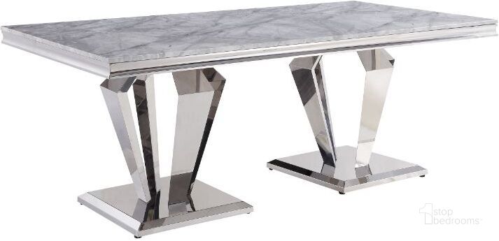 The appearance of Acme Satinka Dining Table In Light Gray Printed Faux Marble and Mirrored Silver Finish designed by ACME in the modern / contemporary interior design. This light gray piece of furniture  was selected by 1StopBedrooms from Satinka Collection to add a touch of cosiness and style into your home. Sku: 68265T;68266FRM;68267ST;68268BASE. Table Base Style: Double Pedestal. Product Type: Dining Table. Table Top Shape: Rectangular. Material: Stainless Steel. Size: 79". Image1