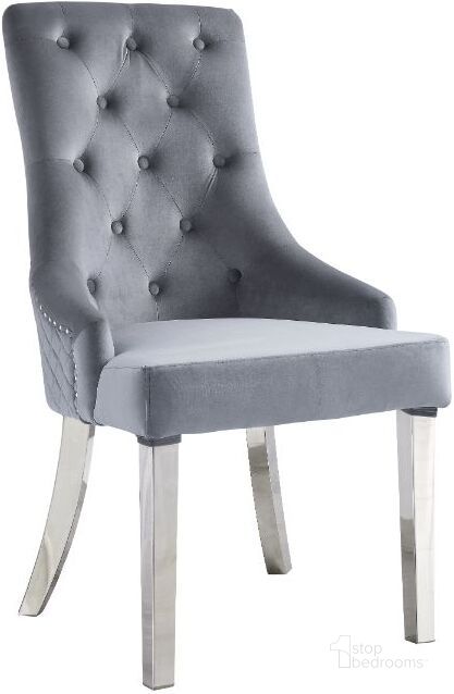 The appearance of Acme Satinka Side Chair Set of 2 In Gray Fabric And Mirrored Silver Finish designed by ACME in the modern / contemporary interior design. This gray piece of furniture  was selected by 1StopBedrooms from Satinka Collection to add a touch of cosiness and style into your home. Sku: 68264. Product Type: Side Chair. Material: Stainless Steel. Image1