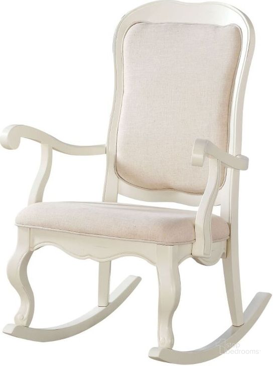 The appearance of Acme Sharan Rocking Chair In Antique White designed by ACME in the transitional interior design. This antique white piece of furniture  was selected by 1StopBedrooms from Sharan Collection to add a touch of cosiness and style into your home. Sku: 59388. Material: Wood. Product Type: Chair. Key Features: Tufted. Image1
