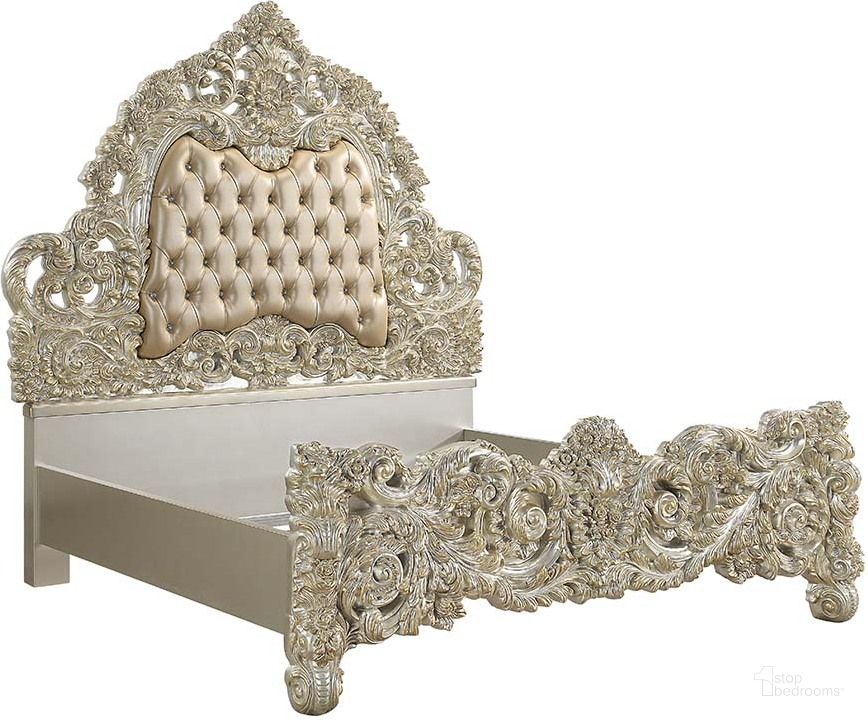 The appearance of Acme Sorina Eastern King Bed In Antique Gold Finish designed by ACME in the transitional interior design. This antique gold piece of furniture  was selected by 1StopBedrooms from Sorina Collection to add a touch of cosiness and style into your home. Sku: BD01241EK1;BD01241EK2;BD01241EK3. Bed Type: Panel Bed. Material: Wood. Product Type: Panel Bed. Bed Size: Eastern King. Image1