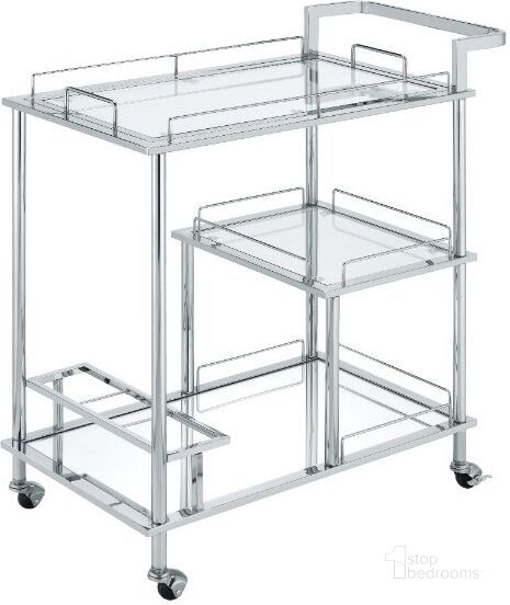 The appearance of Acme Splinter Serving Cart In Clear Glass and Chrome Finish designed by ACME in the modern / contemporary interior design. This chrome piece of furniture  was selected by 1StopBedrooms from Splinter Collection to add a touch of cosiness and style into your home. Sku: 98215. Material: Metal. Product Type: Serving Cart. Image1