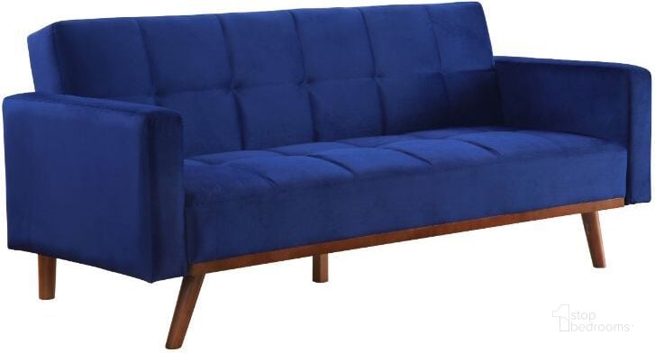 The appearance of Acme Tanitha Adjustable Sofa In Blue Velvet and Natural Finish designed by ACME in the modern / contemporary interior design. This blue piece of furniture  was selected by 1StopBedrooms from Tanitha Collection to add a touch of cosiness and style into your home. Sku: 57205. Material: Wood. Product Type: Sofa. Image1