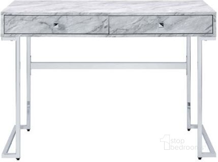 The appearance of Acme Tigress Writing Desk In White Printed Faux Marble And Chrome Finish designed by ACME in the modern / contemporary interior design. This white piece of furniture  was selected by 1StopBedrooms from Tigress Collection to add a touch of cosiness and style into your home. Sku: 92615. Material: Wood. Product Type: Writing Desk. Image1