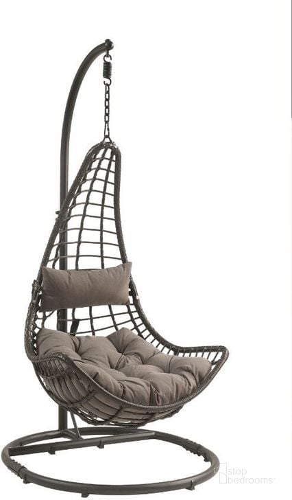 The appearance of Acme Uzae Patio Hanging Chair With Stand In Gray Fabric And Charcoal Wicker designed by ACME in the modern / contemporary interior design. This grey piece of furniture  was selected by 1StopBedrooms from Uzae Collection to add a touch of cosiness and style into your home. Sku: 45105. Material: Metal. Product Type: Outdoor Chair. Image1