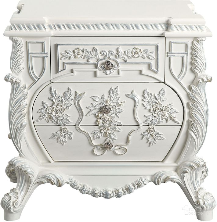 The appearance of Acme Vanaheim Nightstand In Antique White Finish designed by ACME in the transitional interior design. This antique white piece of furniture  was selected by 1StopBedrooms from Vanaheim Collection to add a touch of cosiness and style into your home. Sku: BD00672. Material: Wood. Product Type: Nightstand. Image1