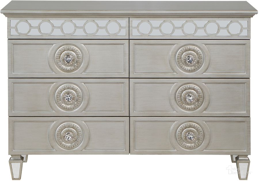 The appearance of Acme Varian Dresser In Silver And Mirrored Finish designed by ACME in the glam interior design. This silver piece of furniture  was selected by 1StopBedrooms from Varian Collection to add a touch of cosiness and style into your home. Sku: BD01281. Material: Wood. Product Type: Dresser. Image1