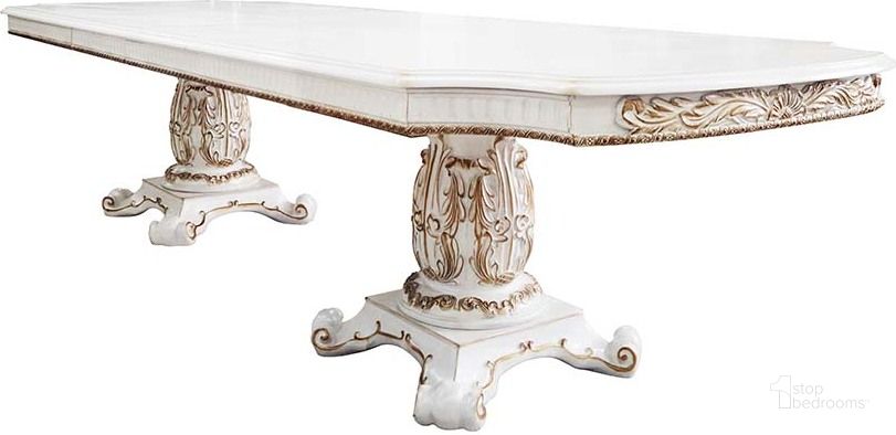 The appearance of Acme Vendom Dining Table With Double Pedestal In Antique Pearl Finish DN01346 designed by ACME in the transitional interior design. This antique pearl piece of furniture  was selected by 1StopBedrooms from Vendome Collection to add a touch of cosiness and style into your home. Sku: DN01346-1;DN01346-2;DN01346-3. Table Base Style: Double Pedestal. Material: Wood. Product Type: Dining Table. Table Top Shape: Rectangular. Size: 136". Image1