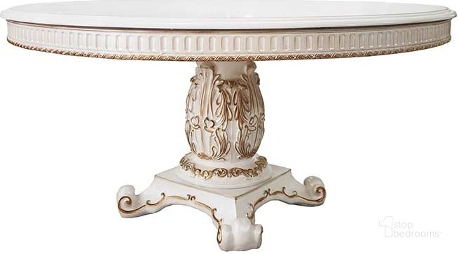 The appearance of Acme Vendom Dining Table With Pedestal In Antique Pearl Finish designed by ACME in the transitional interior design. This antique pearl piece of furniture  was selected by 1StopBedrooms from Vendome Collection to add a touch of cosiness and style into your home. Sku: DN01222-1;DN01222-2;DN01222-3. Table Base Style: Pedestal. Table Top Shape: Round. Material: Wood. Product Type: Dining Table. Size: 100". Image1
