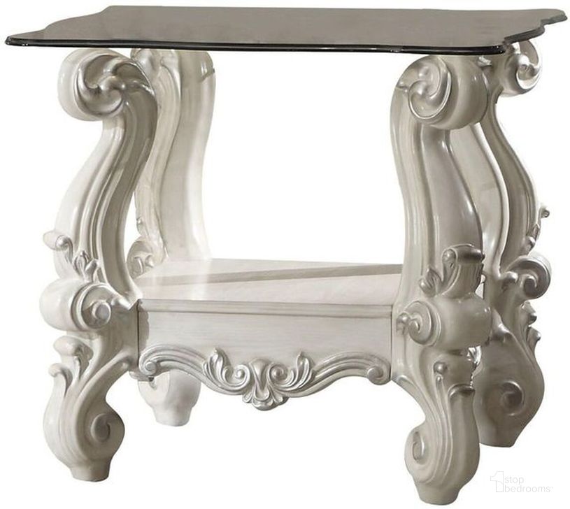 The appearance of Acme Versailles Glass Top End Table Bone White 82104 designed by ACME in the rustic / southwestern interior design. This white piece of furniture  was selected by 1StopBedrooms from Versailles Collection to add a touch of cosiness and style into your home. Sku: 82104. Material: Glass. Product Type: End Table. Image1