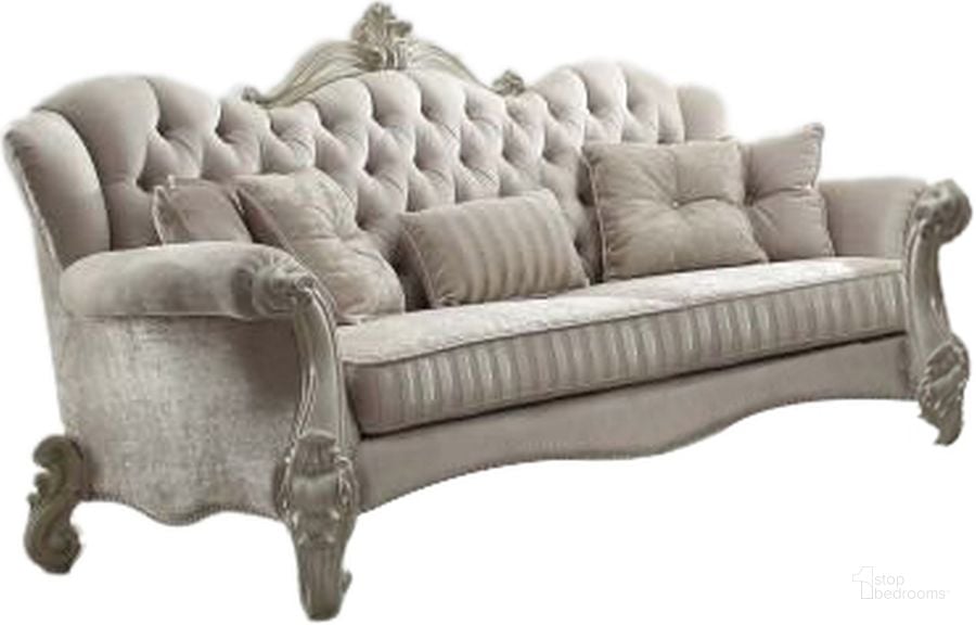 The appearance of Acme Versailles Sofa in Ivory Velvet and Bone White designed by ACME in the rustic / southwestern interior design. This white piece of furniture  was selected by 1StopBedrooms from Versailles Collection to add a touch of cosiness and style into your home. Sku: 52105. Material: Fabric. Product Type: Sofa. Key Features: Tufted. Image1