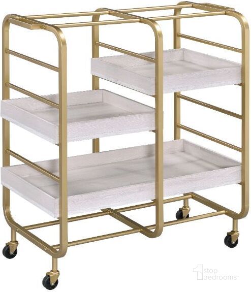 The appearance of Acme Vorrik Serving Cart In Gold and White-Washed designed by ACME in the industrial interior design. This gold piece of furniture  was selected by 1StopBedrooms from Vorrik Collection to add a touch of cosiness and style into your home. Sku: 98412. Material: Wood. Product Type: Serving Cart. Image1