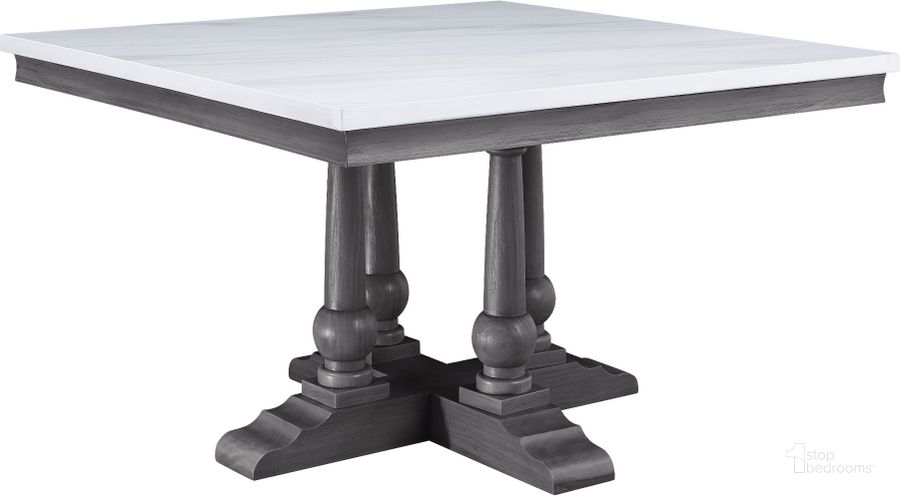 The appearance of Acme Yabeina Square Dining Table With Marble Top And Gray Oak Finish designed by ACME in the transitional interior design. This gray oak piece of furniture  was selected by 1StopBedrooms from Yabeina Collection to add a touch of cosiness and style into your home. Sku: 73270. Table Base Style: Pedestal. Table Top Shape: Square. Material: Wood. Product Type: Dining Table. Image1