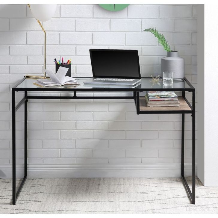 The appearance of Acme Yasin Writing Desk In Black And Glass designed by ACME in the industrial interior design. This black piece of furniture  was selected by 1StopBedrooms from Yasin Collection to add a touch of cosiness and style into your home. Sku: 92580. Material: Wood. Product Type: Writing Desk.