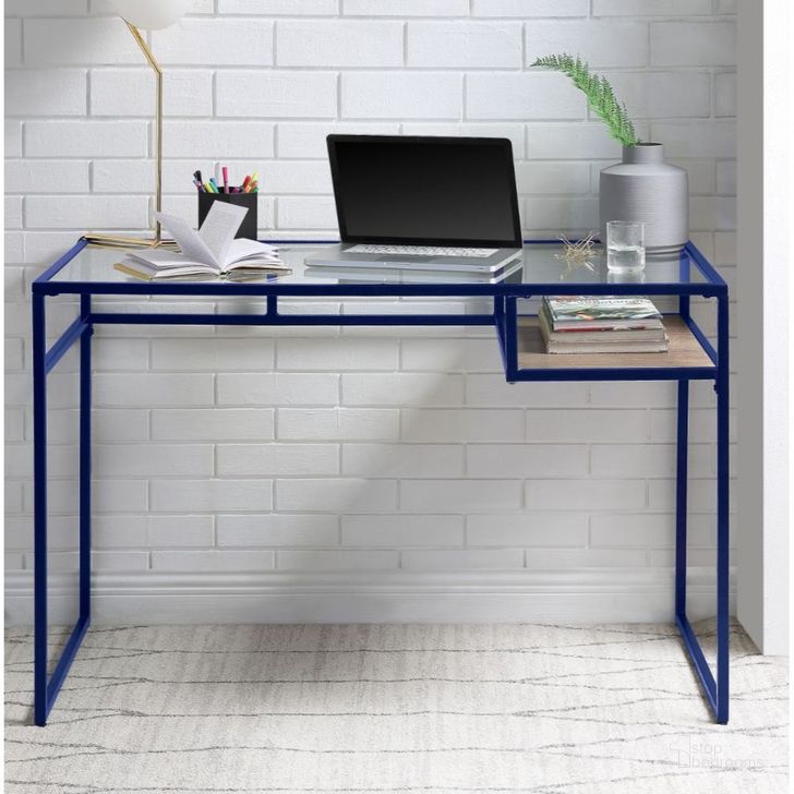 The appearance of Acme Yasin Writing Desk In Blue And Glass designed by ACME in the industrial interior design. This blue piece of furniture  was selected by 1StopBedrooms from Yasin Collection to add a touch of cosiness and style into your home. Sku: 92586. Material: Wood. Product Type: Writing Desk.