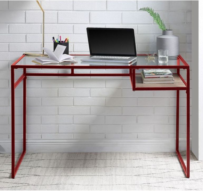 The appearance of Acme Yasin Writing Desk In Red And Glass designed by ACME in the industrial interior design. This red piece of furniture  was selected by 1StopBedrooms from Yasin Collection to add a touch of cosiness and style into your home. Sku: 92584. Material: Wood. Product Type: Writing Desk.