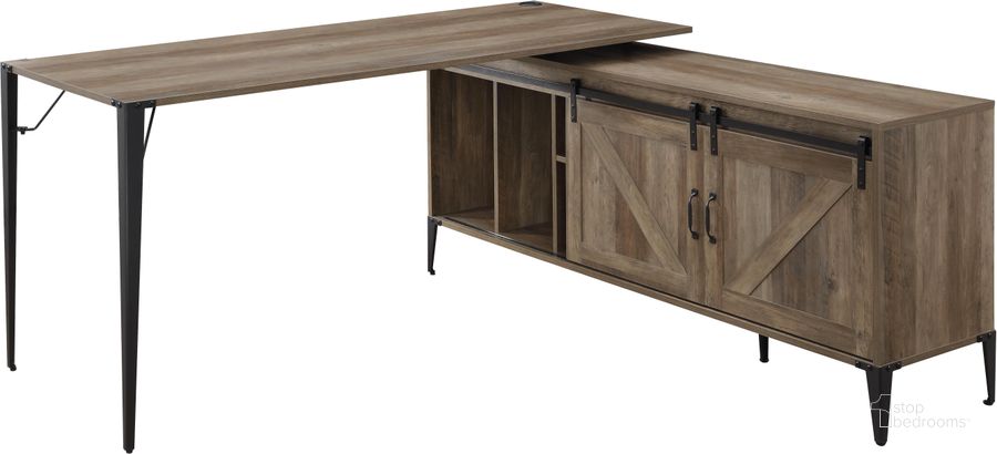 The appearance of Acme Zakwani Writing Desk In Rustic Oak And Black Finish OF00002 designed by ACME in the industrial interior design. This rustic oak piece of furniture  was selected by 1StopBedrooms from Zakwani Collection to add a touch of cosiness and style into your home. Sku: OF00002-1;OF00002-2. Material: Wood. Product Type: Writing Desk. Image1
