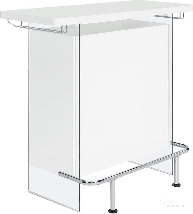 The appearance of Acosta Rectangular Bar Unit with Footrest and Glass Side Panels In White High Gloss designed by Coaster in the modern / contemporary interior design. This white high gloss piece of furniture  was selected by 1StopBedrooms from Acosta Collection to add a touch of cosiness and style into your home. Sku: 182632. Material: Wood. Product Type: Home Bar. Image1