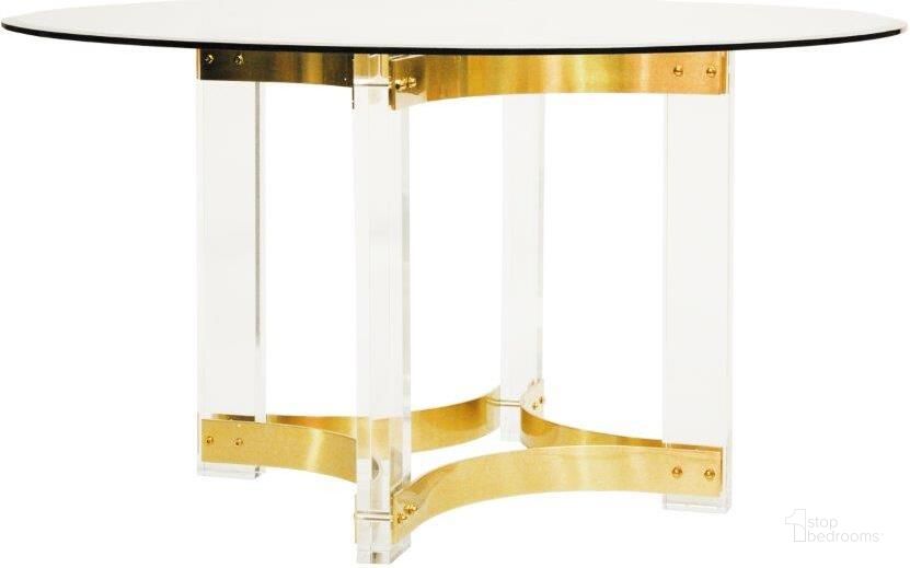 The appearance of Acrylic Dining Table Base With Antique Brass Stretchers designed by Worlds Away in the modern / contemporary interior design. This antique brass piece of furniture  was selected by 1StopBedrooms from  to add a touch of cosiness and style into your home. Sku: HENDRIX ABR. Table Base Style: Trestle. Table Top Shape: Round. Material: Metal. Product Type: Dining Table. Size: 34.