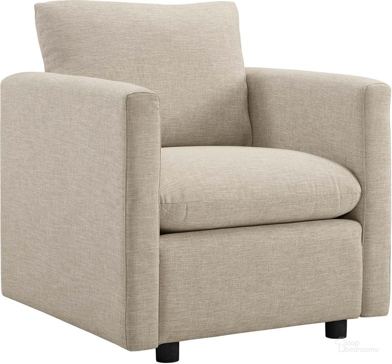 The appearance of Activate Beige Upholstered Fabric Arm Chair designed by Modway in the modern / contemporary interior design. This beige piece of furniture  was selected by 1StopBedrooms from Activate Collection to add a touch of cosiness and style into your home. Sku: EEI-3045-BEI. Material: Wood. Product Type: Living Room Chair. Image1