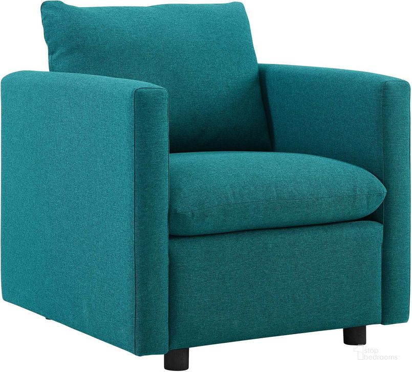 The appearance of Activate Teal Upholstered Fabric Arm Chair designed by Modway in the modern / contemporary interior design. This teal piece of furniture  was selected by 1StopBedrooms from Activate Collection to add a touch of cosiness and style into your home. Sku: EEI-3045-TEA. Material: Wood. Product Type: Living Room Chair. Image1