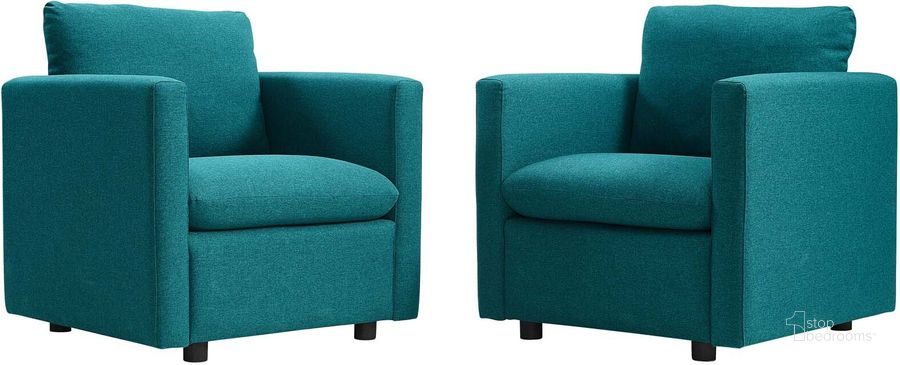 The appearance of Activate Upholstered Fabric Armchair Set of 2 EEI-4078-TEA designed by Modway in the modern / contemporary interior design. This teal piece of furniture  was selected by 1StopBedrooms from Activate Collection to add a touch of cosiness and style into your home. Sku: EEI-4078-TEA. Material: Wood. Product Type: Arm Chair. Image1