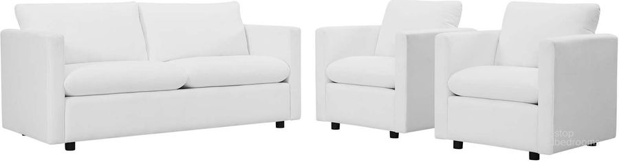 The appearance of Activate White 3 Piece Upholstered Fabric Set designed by Modway in the modern / contemporary interior design. This white piece of furniture  was selected by 1StopBedrooms from Activate Collection to add a touch of cosiness and style into your home. Sku: EEI-4046-WHI-SET. Material: Wood. Product Type: Living Room Set. Image1