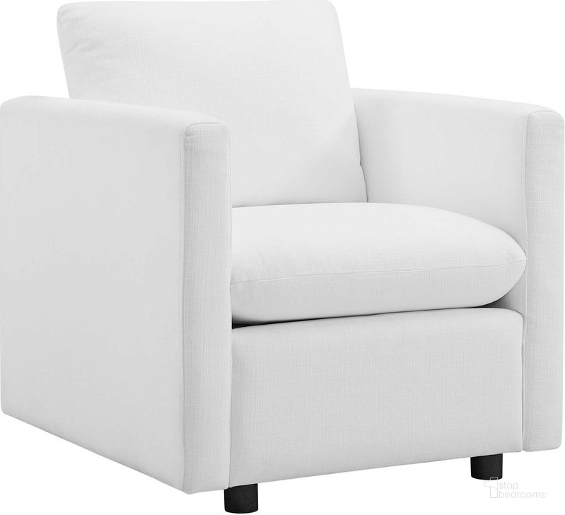 The appearance of Activate White Upholstered Fabric Arm Chair designed by Modway in the modern / contemporary interior design. This white piece of furniture  was selected by 1StopBedrooms from Activate Collection to add a touch of cosiness and style into your home. Sku: EEI-3045-WHI. Material: Wood. Product Type: Living Room Chair. Image1