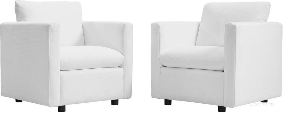 The appearance of Activate White Upholstered Fabric Arm Chair Set of 2 designed by Modway in the modern / contemporary interior design. This white piece of furniture  was selected by 1StopBedrooms from Activate Collection to add a touch of cosiness and style into your home. Sku: EEI-4078-WHI. Material: Wood. Product Type: Living Room Chair. Image1