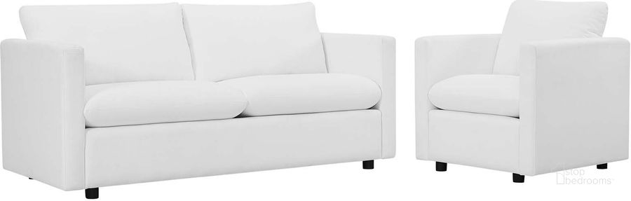 The appearance of Activate White Upholstered Fabric Sofa and Arm Chair Set designed by Modway in the modern / contemporary interior design. This white piece of furniture  was selected by 1StopBedrooms from Activate Collection to add a touch of cosiness and style into your home. Sku: EEI-4045-WHI-SET. Material: Wood. Product Type: Living Room Chair. Image1