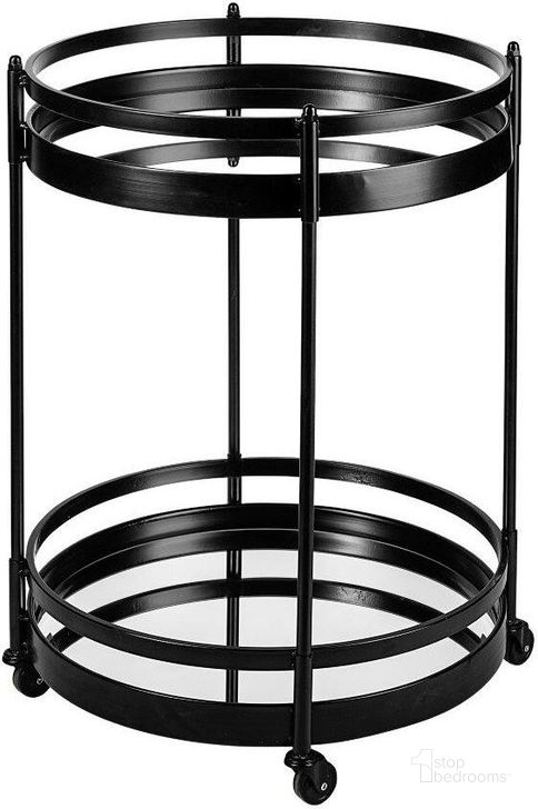 The appearance of Ada Round Shape Black Metal Frame Two-Tier With Glass Shelf Bar Cart designed by Mercana in the modern / contemporary interior design. This black piece of furniture  was selected by 1StopBedrooms from Ada Collection to add a touch of cosiness and style into your home. Sku: 68734. Material: Metal. Product Type: Bar Cart. Image1