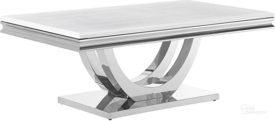 The appearance of Adabella U-Base Rectangle Coffee Table White and Chrome designed by Coaster in the modern / contemporary interior design. This white and chrome piece of furniture  was selected by 1StopBedrooms from Adabella Collection to add a touch of cosiness and style into your home. Sku: 708538B1;708538B2;708538B3. Product Type: Coffee Table. Material: Stone. Image1