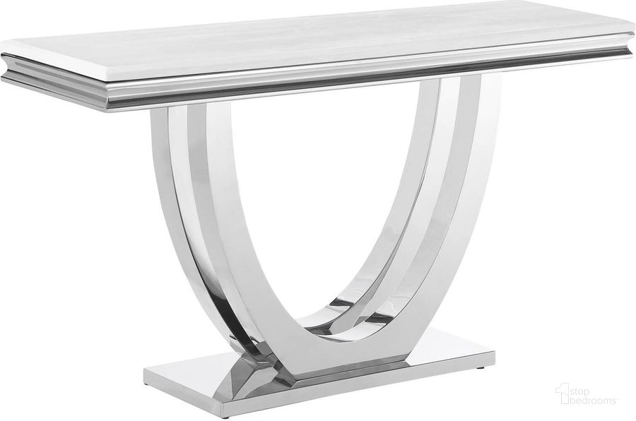 The appearance of Adabella U-Base Rectangle Sofa Table White and Chrome designed by Coaster in the modern / contemporary interior design. This white and chrome piece of furniture  was selected by 1StopBedrooms from Adabella Collection to add a touch of cosiness and style into your home. Sku: 708539B1;708539B2;708539B3. Product Type: Sofa Table. Material: Stone. Image1