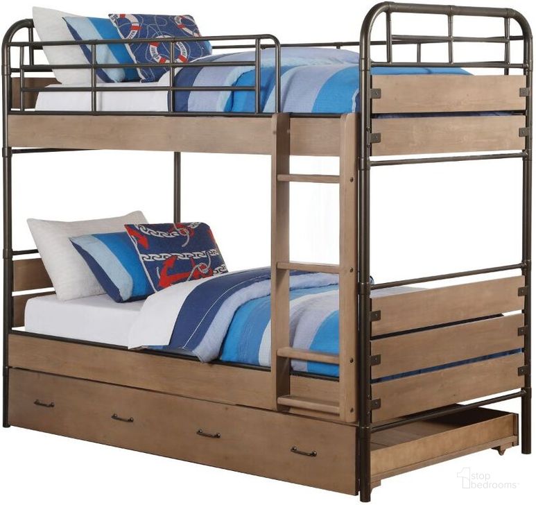 The appearance of Adams Antique Oak Twin Over Twin Bunk Bed with Trundle designed by ACME in the industrial interior design. This brown piece of furniture  was selected by 1StopBedrooms from Adams Collection to add a touch of cosiness and style into your home. Sku: 37760HF;37761RL;37762TRN. Bed Type: Bunk Bed. Material: Wood. Product Type: Bunk Bed. Bed Size: Twin Over Twin. Image1