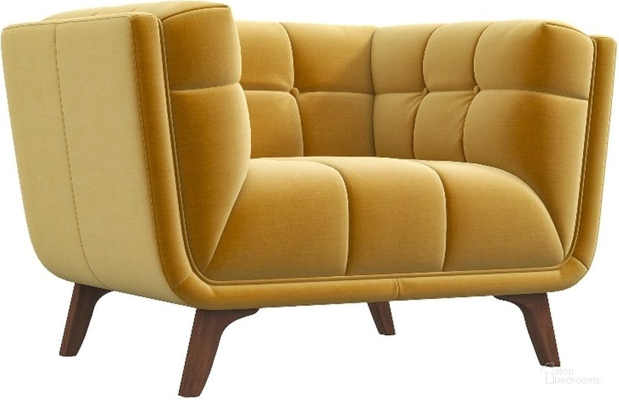The appearance of Addison Velvet Lounge Chair In Gold designed by Ashcroft Furniture in the transitional interior design. This gold piece of furniture  was selected by 1StopBedrooms from Addison Collection to add a touch of cosiness and style into your home. Sku: AFC00194. Material: Wood. Product Type: Lounge Chair. Image1