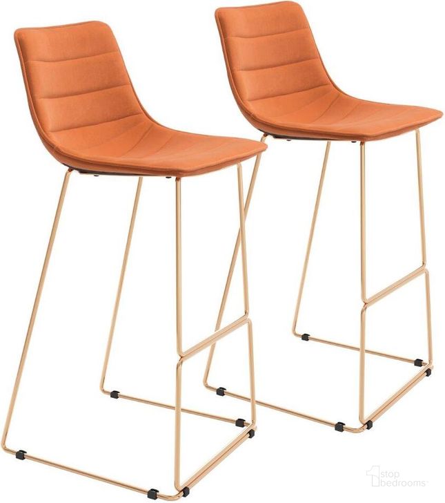 The appearance of Adele Bar Chair Set Of 2 In Orange And Gold designed by Zuo Modern in the modern / contemporary interior design. This gold piece of furniture  was selected by 1StopBedrooms from Adele Collection to add a touch of cosiness and style into your home. Sku: 109502. Material: Steel. Product Type: Bar Chair. Image1